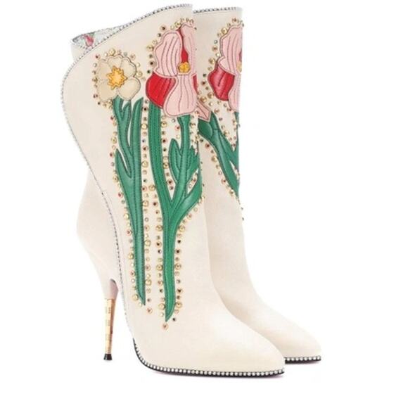 GUCCI Ivory Leather Floral ‘Fosca’ 2017 Pink Bottom Runway Booties Size 37 - Picture 2 of 16